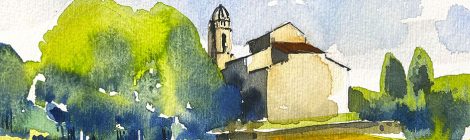 Aquarel·la de la part posterior de l'església de Sant Pere de Martorell de la Selva.