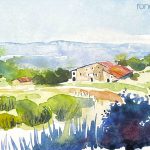 Aquarel·la amb una panoràmica de la casa museu de ca l'Agustí al Pla de la Calma del Montseny.