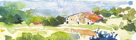 Aquarel·la amb una panoràmica de la casa museu de ca l'Agustí al Pla de la Calma del Montseny.