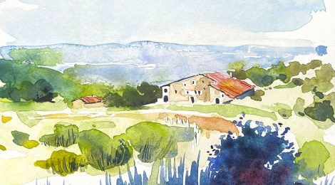 Aquarel·la amb una panoràmica de la casa museu de ca l'Agustí al Pla de la Calma del Montseny.