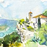 Aquarel·la de l'església de Santa Maria de Siurana, dins el terme de Cornudella de Montsant, al Priorat.