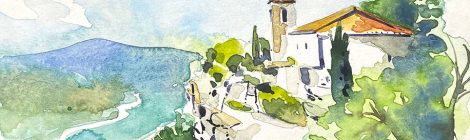 Aquarel·la de l'església de Santa Maria de Siurana, dins el terme de Cornudella de Montsant, al Priorat.