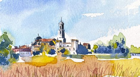 Aquarel·la de Viloví d'Onyar, població pertanyent a la comarca de La Selva.