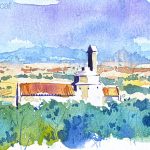 Aquarel·la de l'església romànica de Sant Miquel dins el jaciment d'Olèrdola.