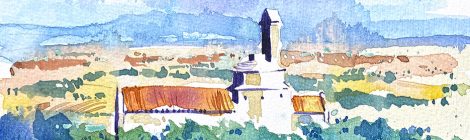 Aquarel·la de l'església romànica de Sant Miquel dins el jaciment d'Olèrdola.