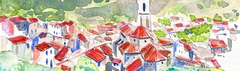 Aquarel·la de la població de Porrera, a la comarca del Priorat.