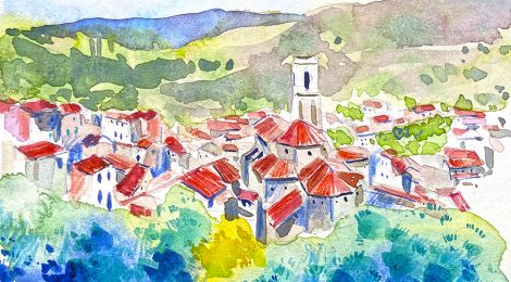 Aquarel·la de la població de Porrera, a la comarca del Priorat.