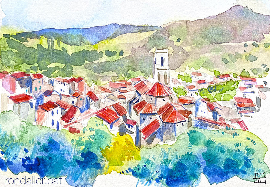 Aquarel·la de la població de Porrera, a la comarca del Priorat.