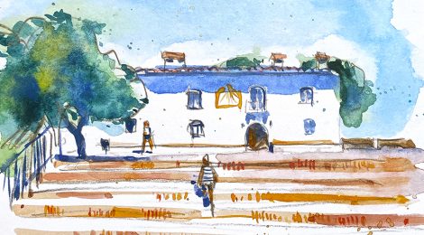 Aquarel·la de l'ermita de la Muntanyeta dels Sants a Sueca.