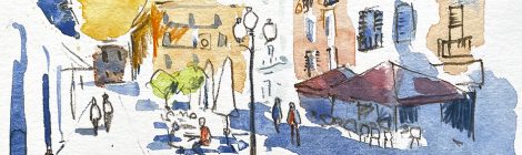 Aquarel·la de la plaça de les Cols de Vilanova i la Geltrú.