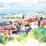 Aquarel·la amb una panoràmica de la vila d'Alàs a l'Alt Urgell.