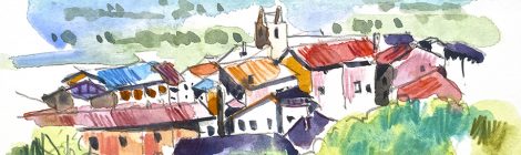 Aquarel·la amb una panoràmica de la vila d'Alàs a l'Alt Urgell.