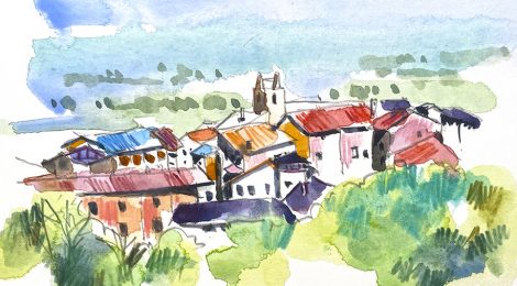 Aquarel·la amb una panoràmica de la vila d'Alàs a l'Alt Urgell.
