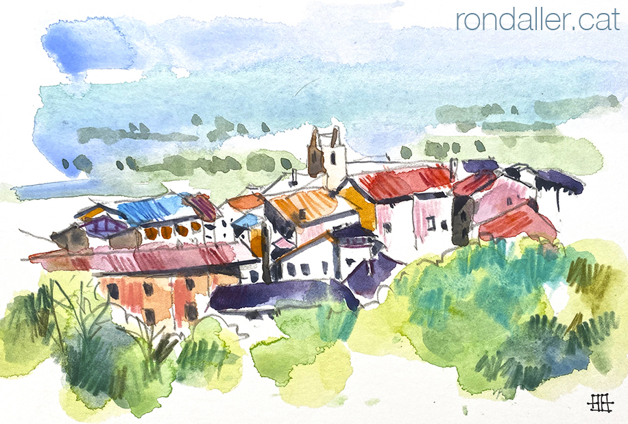 Aquarel·la amb una panoràmica de la vila d'Alàs a l'Alt Urgell.