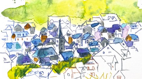 Aquarel·la amb una panoràmica de Bossòst, a la Vall d'Aran.