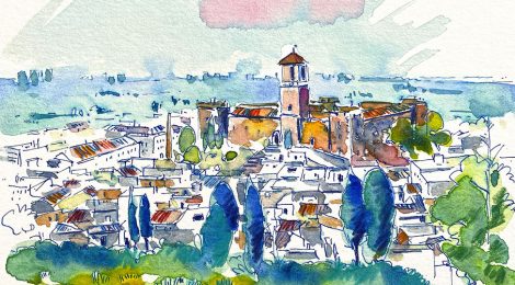 Aquarel·la del Puig de Santa Maria amb el monestir.