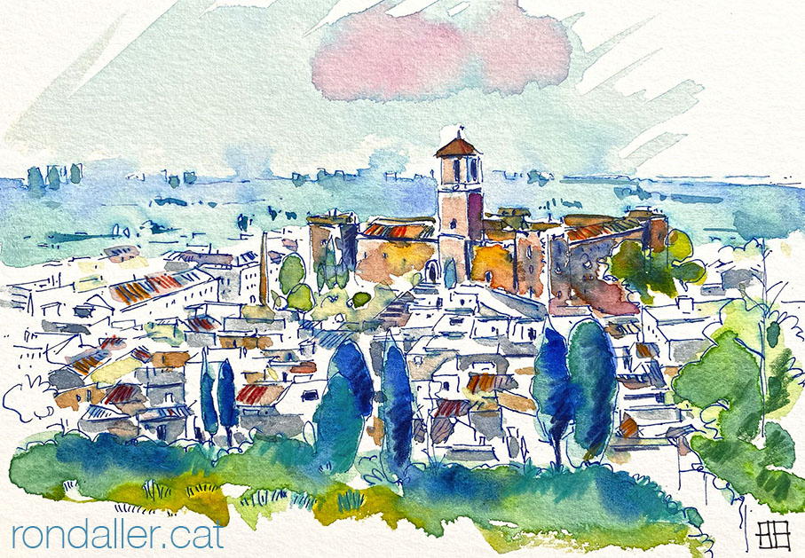 Aquarel·la del Puig de Santa Maria amb el monestir.