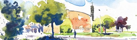 Aquarel·la de l'església de Sant Josep Obrer a La Canya (Garrotxa).