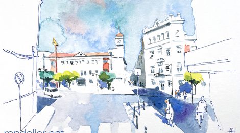 Aquarel·la de la plaça del País Valencià de Quart de Poblet, amb l'edifici de l'Ajuntament.