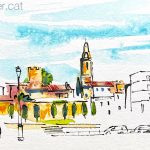 Aquarel·la del campanar de Jujol a Creixell des de la plaça del carrer del Raval.