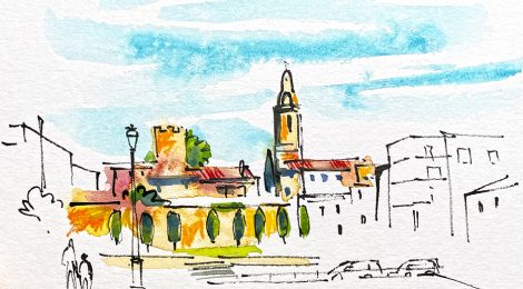 Aquarel·la del campanar de Jujol a Creixell des de la plaça del carrer del Raval.