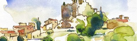 Aquarel·la amb una panoràmica del castell de la Santa Creu de Calafell al Baix Penedès.
