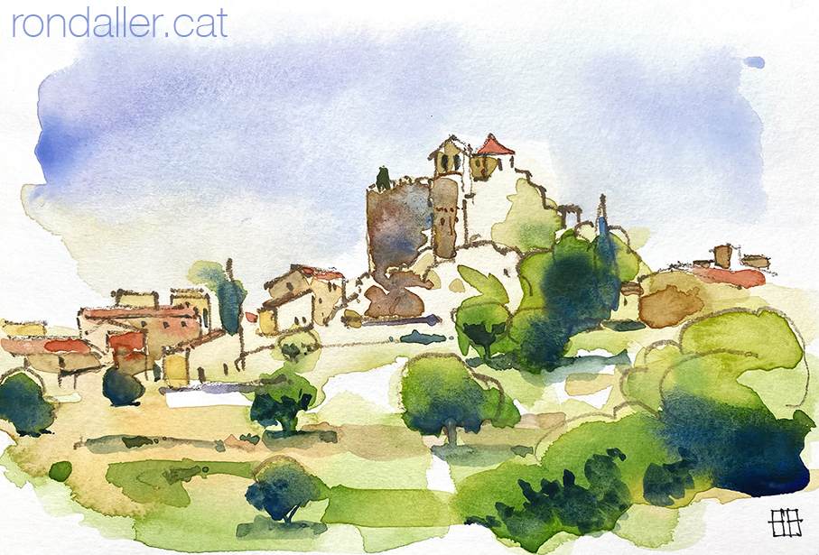 Aquarel·la amb una panoràmica del castell de la Santa Creu de Calafell al Baix Penedès.