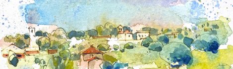 Aquarel·la de Canovelles, amb l'església romànica de Sant Fèlix al fons.