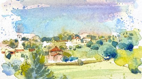 Aquarel·la de Canovelles, amb l'església romànica de Sant Fèlix al fons.
