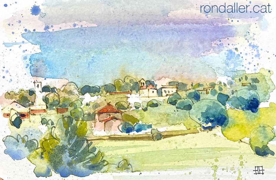 Aquarel·la de Canovelles, amb l'església romànica de Sant Fèlix al fons.