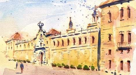 Aquarel·la de la façana de la Universitat de Cervera.