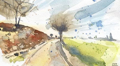 Aquarel·la del jaciment romà de Can Terrers, dins el terme de La Garriga (Vallès Oriental).