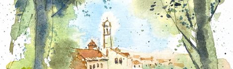 Aquarel·la de Moià amb el campanar de l'església de Santa Maria.