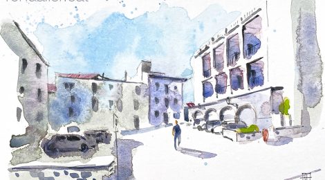 Aquarel·la de l'Ajuntament i de la Casa de les Joies de Moià.