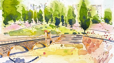 Aquarel·la del Parc Central del districte de Nous Barris a Barcelona.