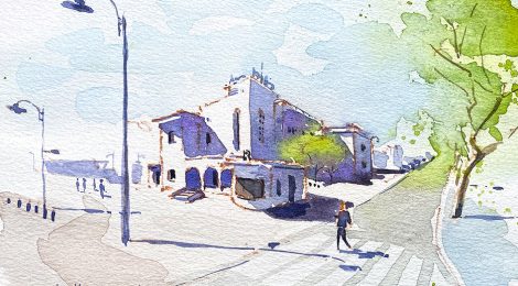 Aquarel·la de l'edifici art déco de la biblioteca de Quart de Poblet a l'Horta Oest de València.