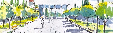 Aquarel·la de l'entrada principal del Primer Cementiri d'Atenes.