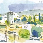 Aquarel·la amb una panoràmica de l'àgora d'Atenes, amb la Torre dels Vents.