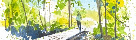 Aquarel·la d'una passarel·la damunt la riera de Vallforners, al terme de Cànoves.