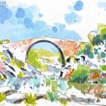 Aquarel·la de pont romànic de Llierca a l'Alta Garrotxa.