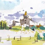 Aquarel·la amb una panoràmica de Madremanya, població del Gironès.