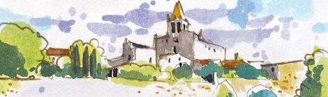 Aquarel·la amb una panoràmica de Madremanya, població del Gironès.