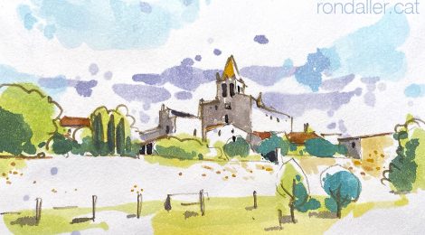 Aquarel·la amb una panoràmica de Madremanya, població del Gironès.
