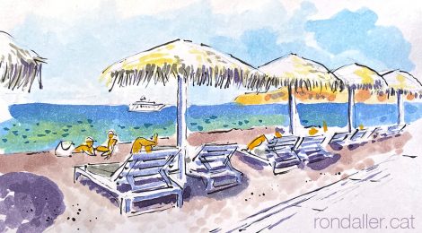 Aquarel·la de la platja Vlitxada de l'illa de Santorini.