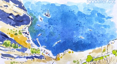 Aquarel·la amb una vista aèrea del port vell de Santorini.