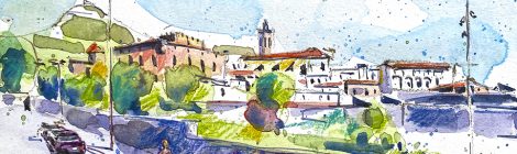 Aquarel·la amb una panoràmica de la vila de Centelles.