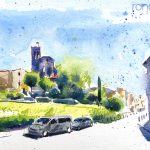 Aquarel·la amb una panoràmica de Dosrius amb l'església de Sant Iscle i Santa Victòria.