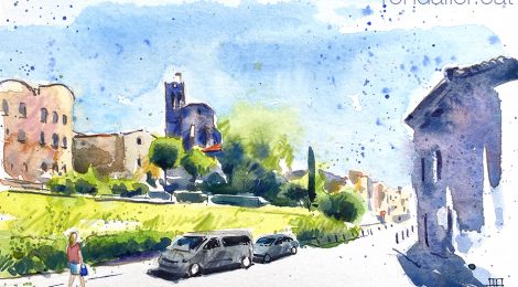 Aquarel·la amb una panoràmica de Dosrius amb l'església de Sant Iscle i Santa Victòria.