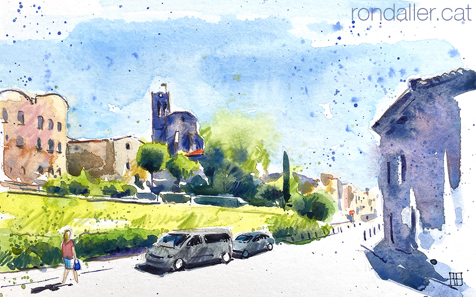 Aquarel·la amb una panoràmica de Dosrius amb l'església de Sant Iscle i Santa Victòria.