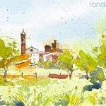 Aquarel·la amb una panoràmica de La Bisbal d'Empordà.